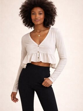 Project Social T Ivory Ruffle Cropped Cardigan